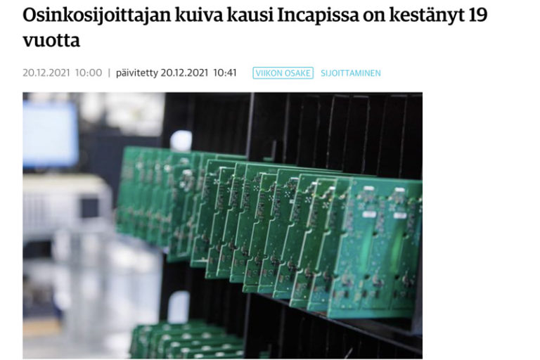 20.12.2021 Incap listed as TOP2 growing company on Helsinki Stock Exchange