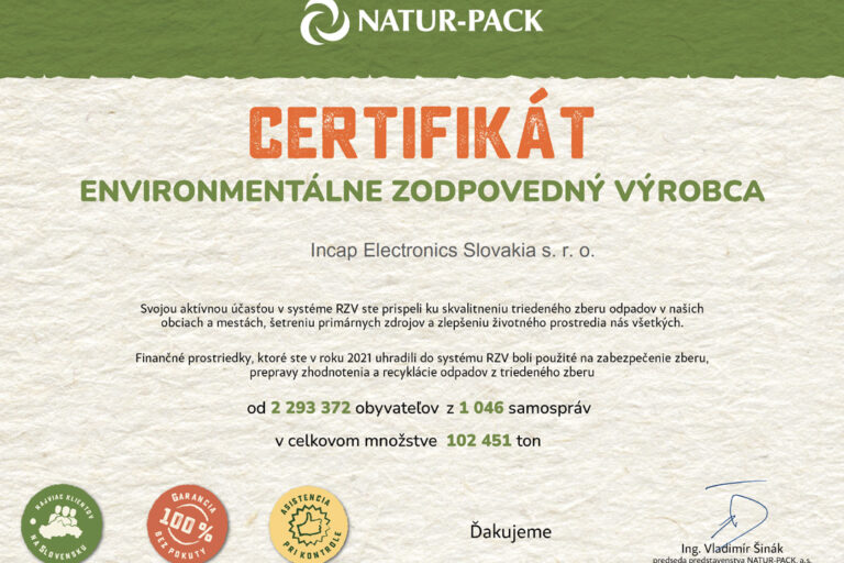 Incap Slovakia was awarded as the environmentally friendly and responsible producer